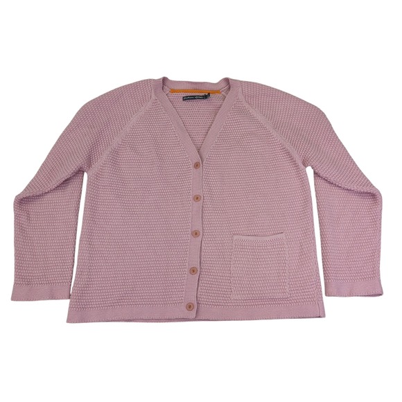 Gudrun Sjoden Cardigan Womens Large Pink Cotton Knit Button Front Pocket Raglan - Picture 1 of 10